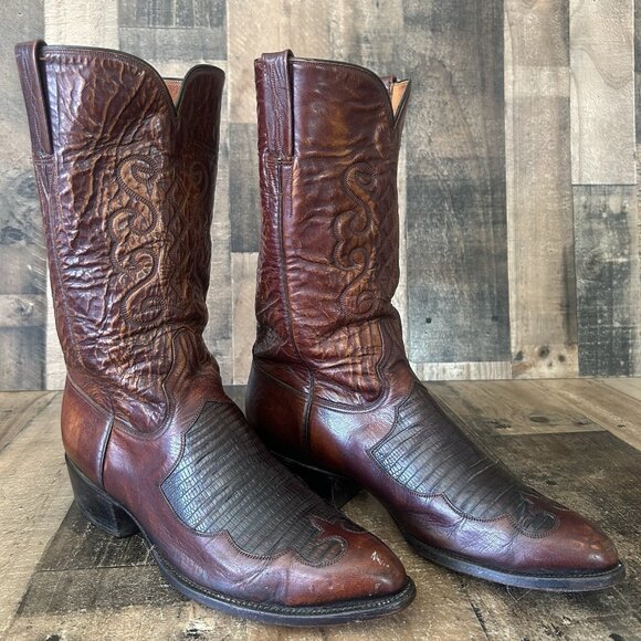 Lucchese San Antonio Vintage Teju Lizard Inlay Western Cowboy Boots Mens 10.5 D - Picture 2 of 12